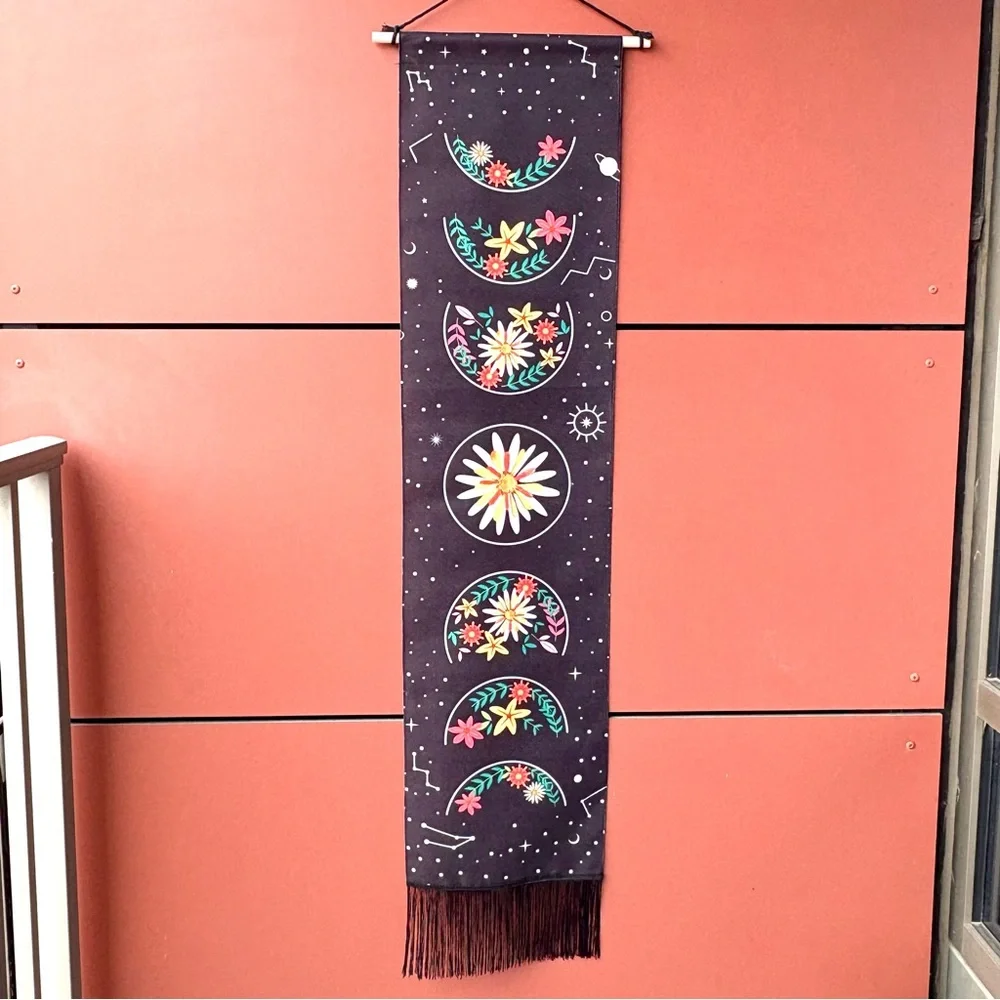 Long Tapestry Black Boho Wall Hanging Floral Moon Phase Design with Fringe